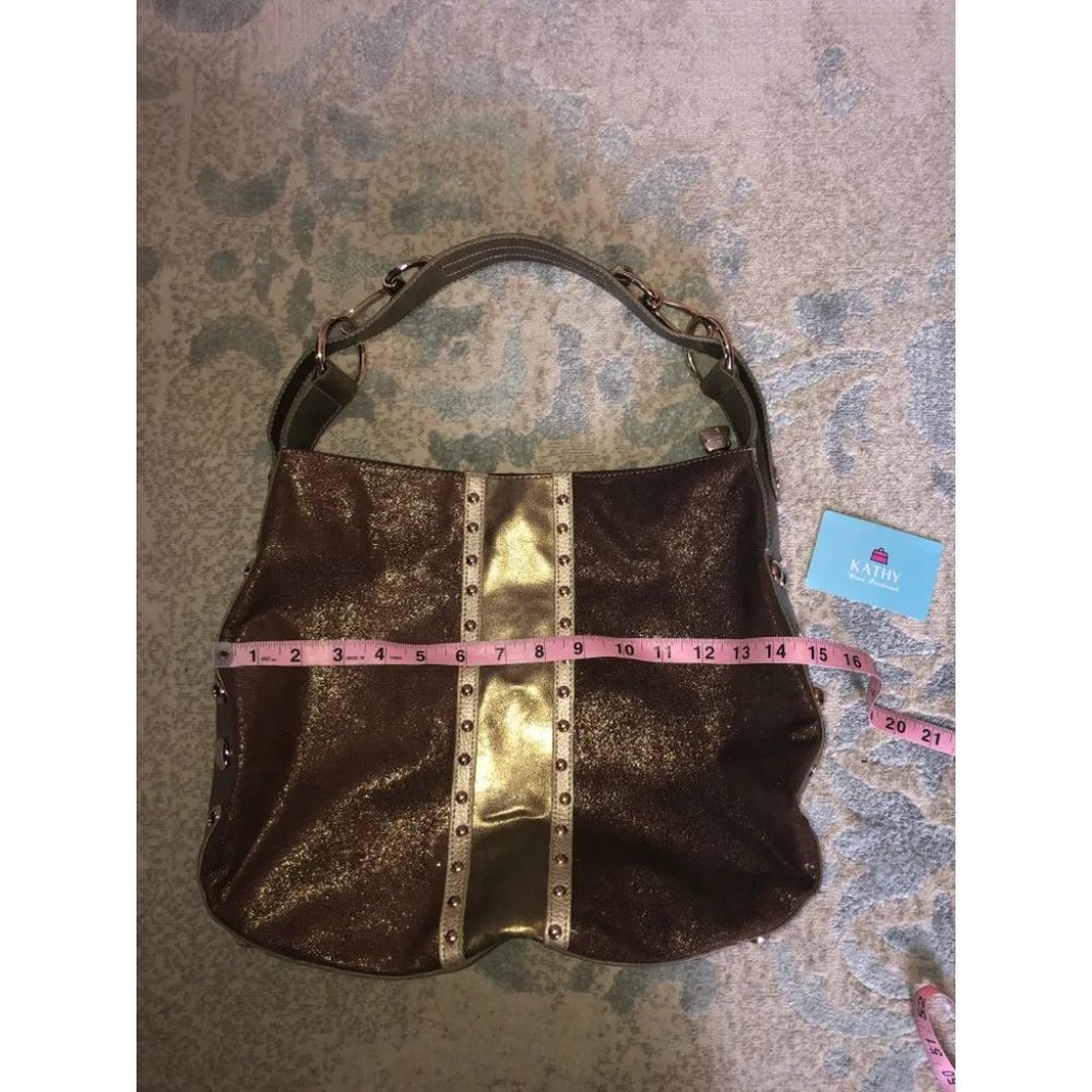 Kathy van Zeeland Shoulder Hand Bag Purse Gold faux suede brown Glam slouch hobo - Picture 8 of 13